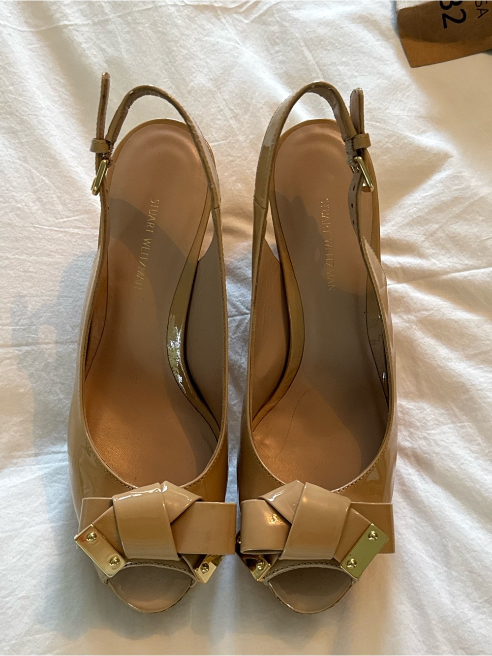 Stuart Weitzman Beige Slingback Peep-Toe Heels with Bow
